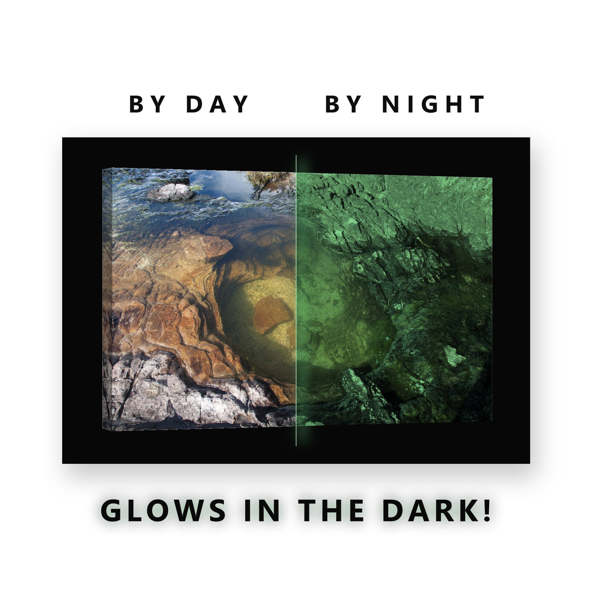 Dramatic Green Wave Barrel Glow in the Dark Canvas Wall Art for Man Cave, glowing at night