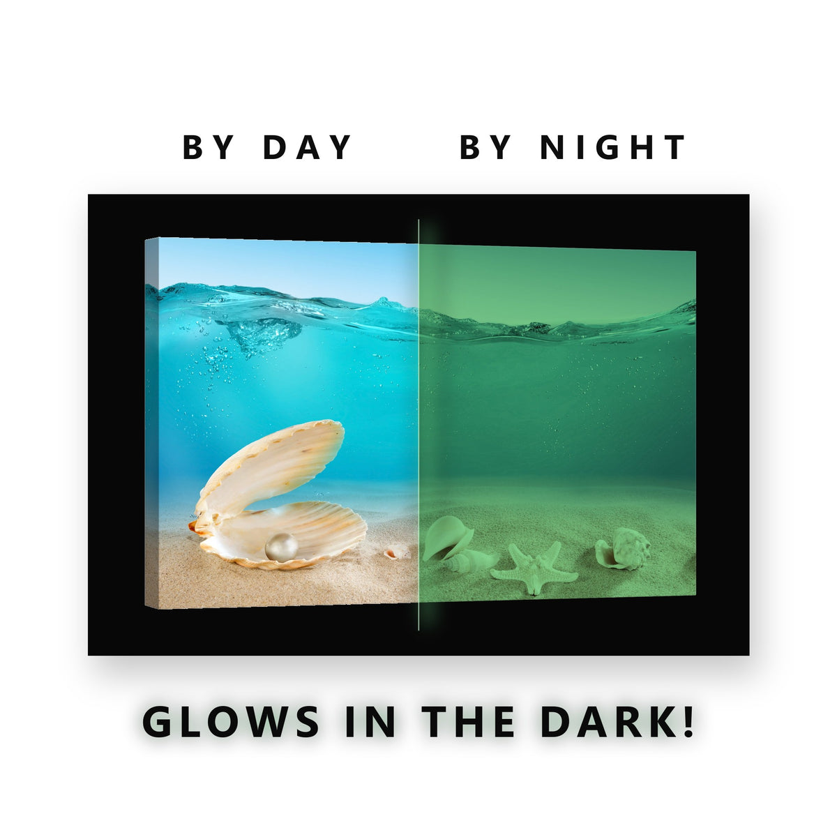 Open Seashell Pearl Beach Glow in the Dark Canvas Wall Art for Bedroom, glowing at night