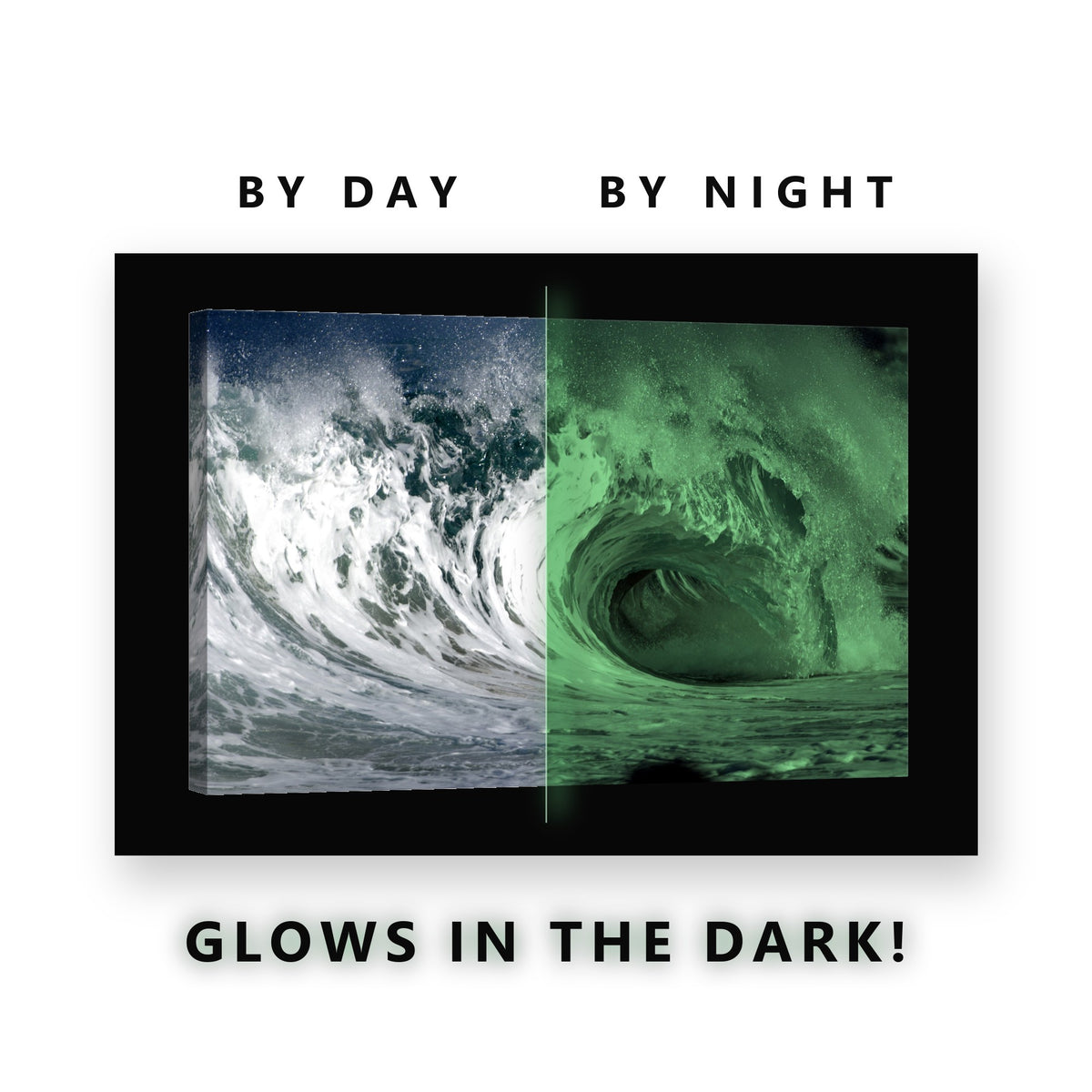 Teal Glassy Wave Barrel Glow in the Dark Canvas Wall Art for Boys Bedroom, glowing at night