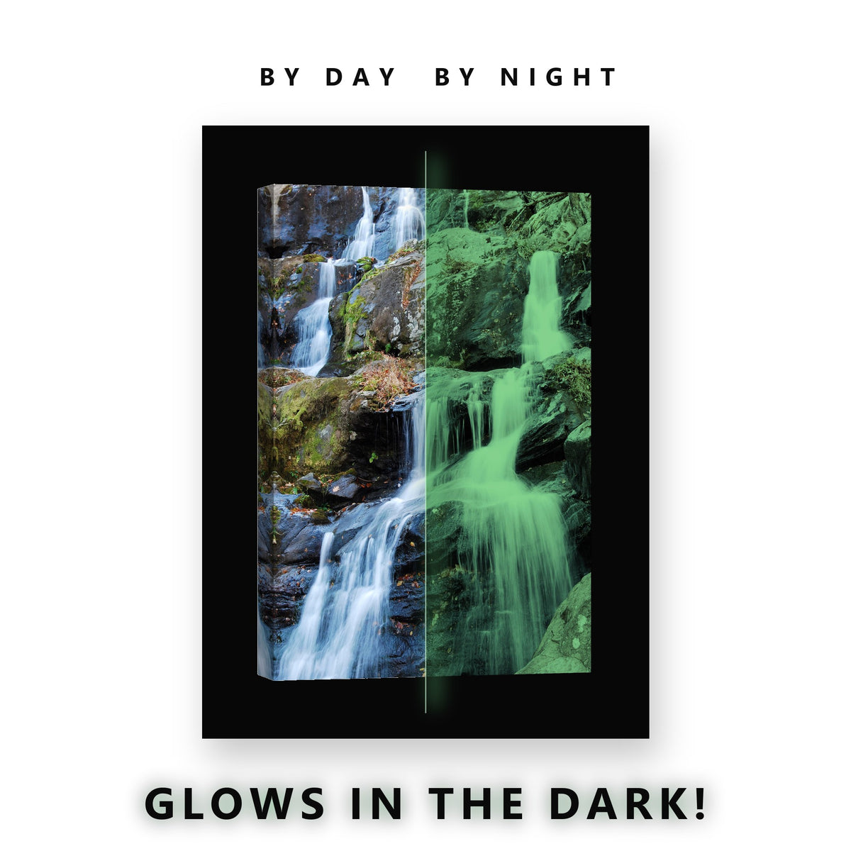 Mossy Rock Waterfalls Cascade Glow in the Dark Canvas Wall Art for Living Room, glowing at night
