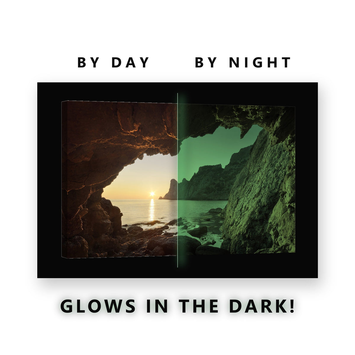 Sea Cave Sunset Coastal View Glow in the Dark Canvas Wall Art for Living Room, glowing at night