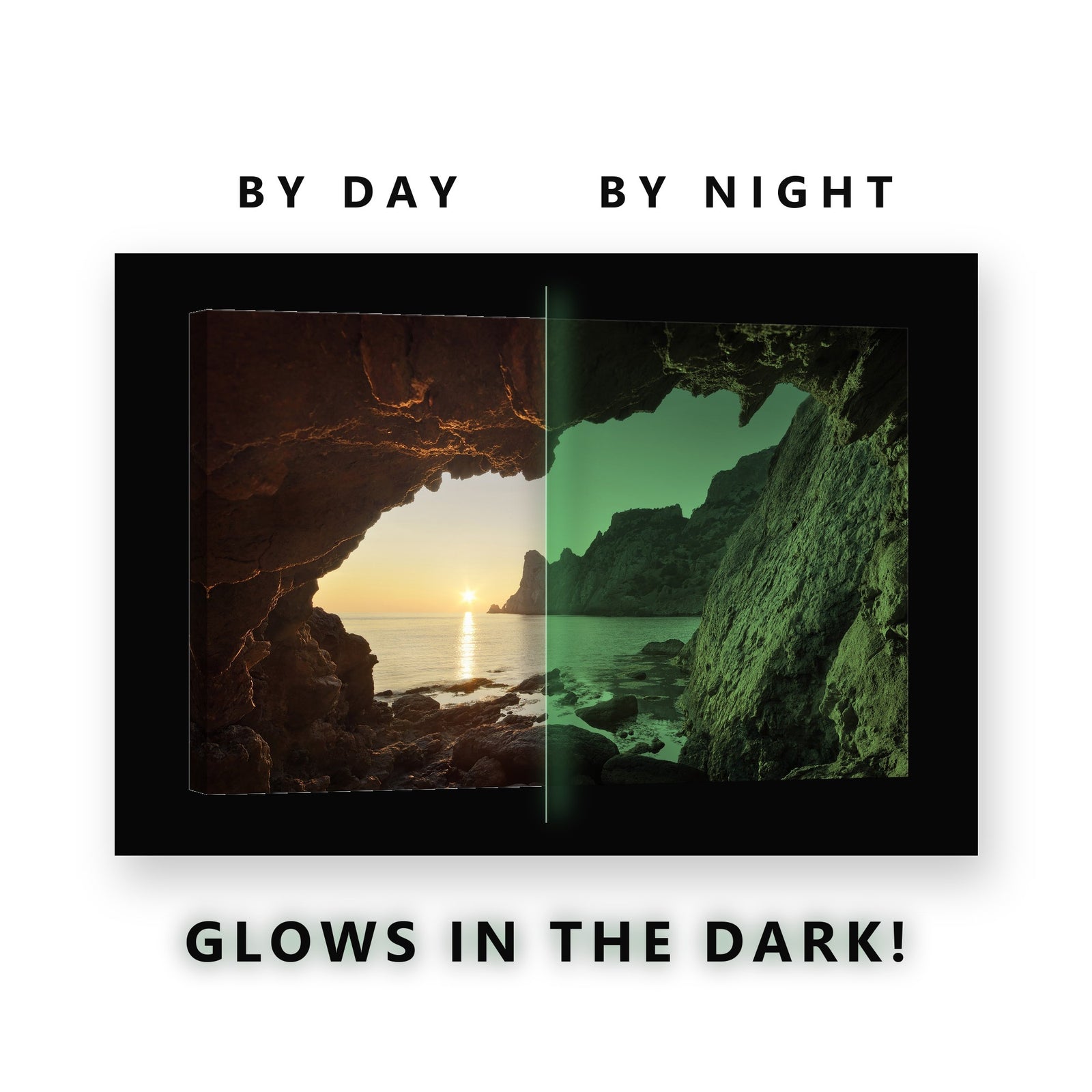 Sea Cave Sunset Coastal View Glow in the Dark Canvas Wall Art for Living Room, glowing at night