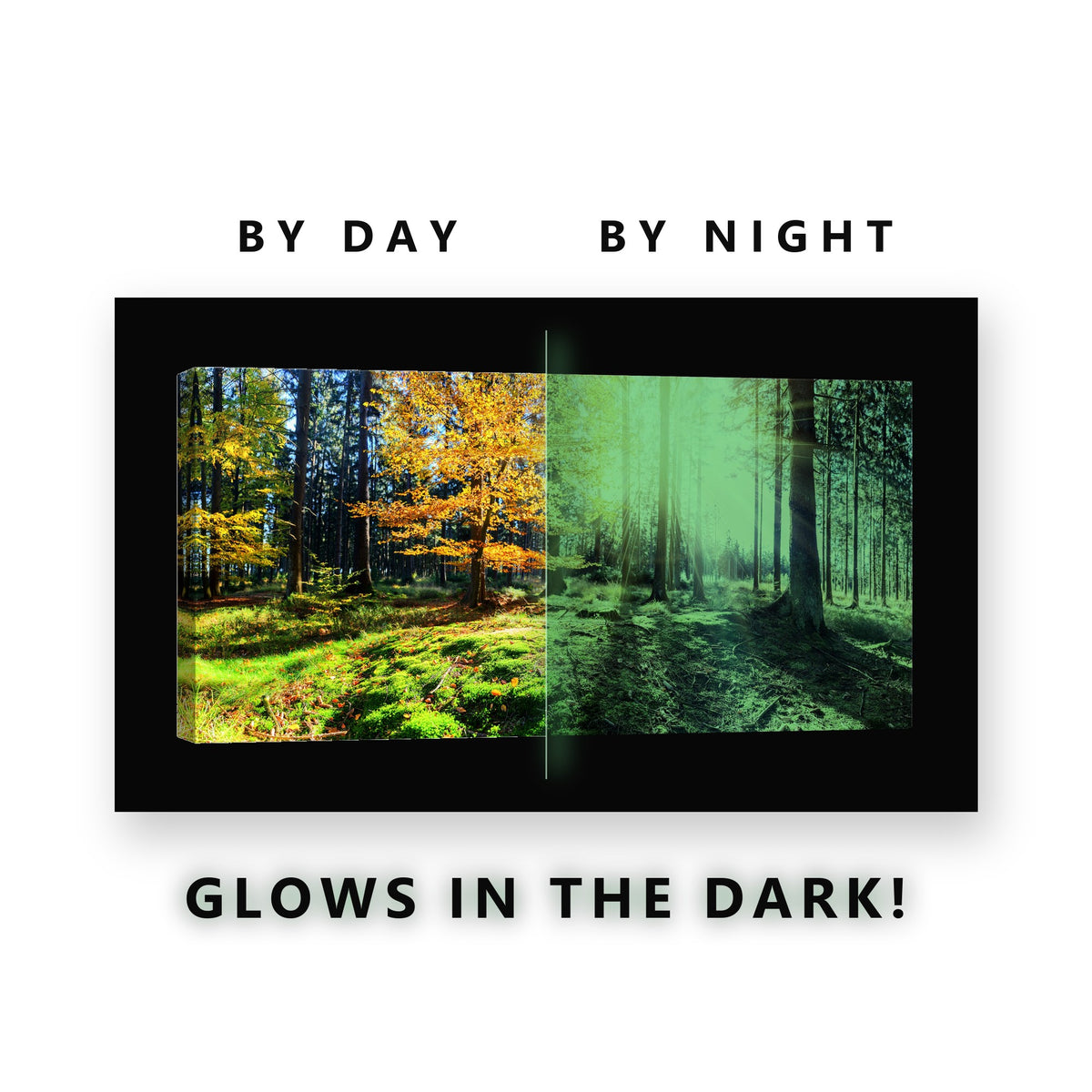 Sunlit Golden Forest Clearing Glow in the Dark Canvas Wall Art for Living Room, glowing at night