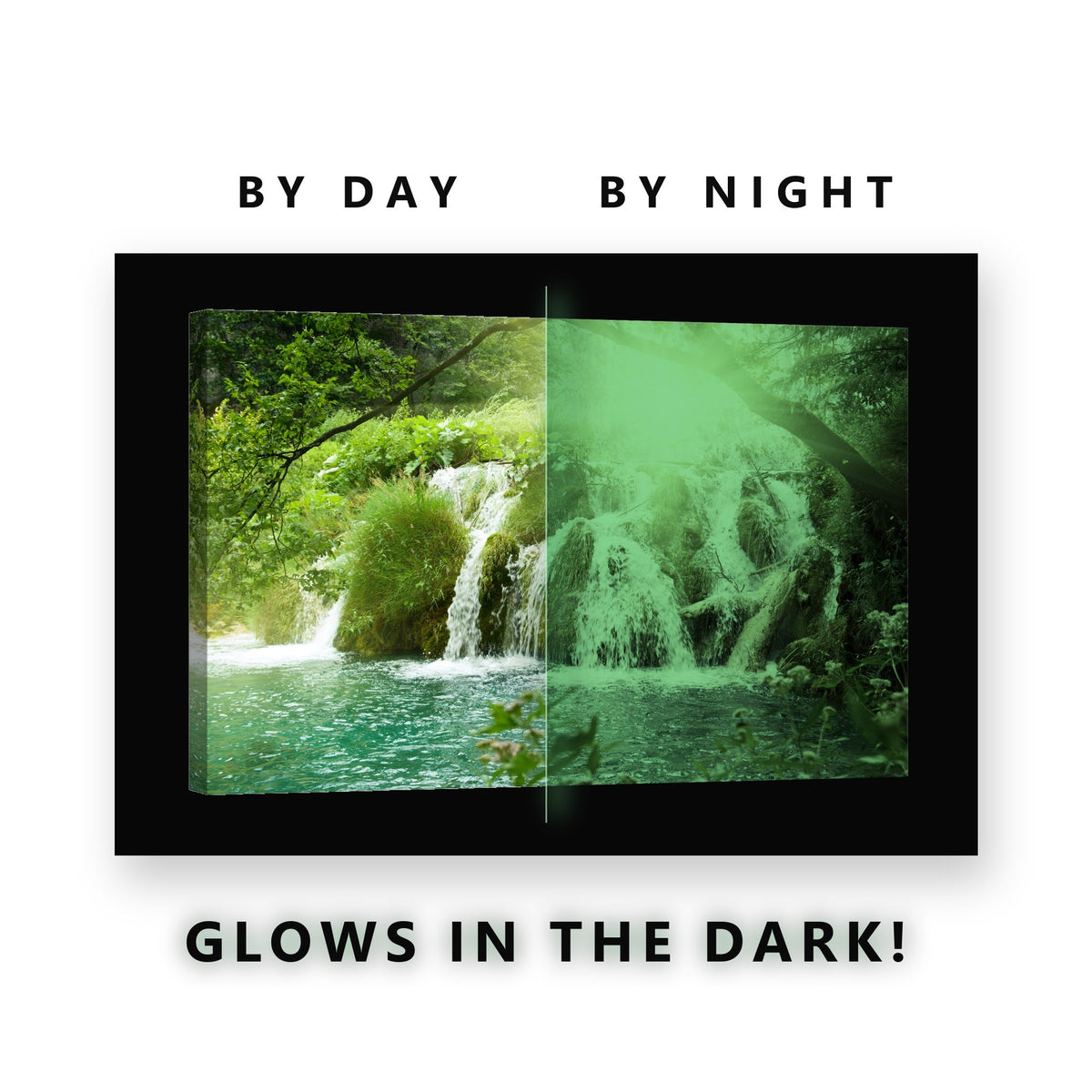 Sunlit Forest Waterfall Pool Glow in the Dark Canvas Wall Art for Living Room, glowing at night