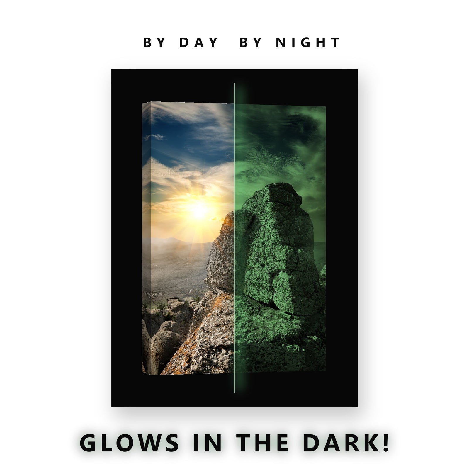 Sun Rays Rock Summit Glow in the Dark Canvas Wall Art for Living Room, glowing at night