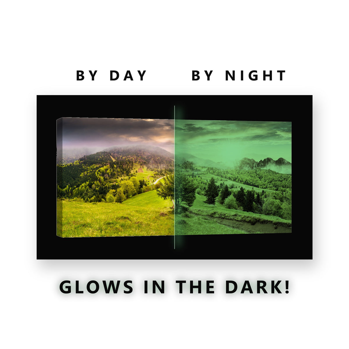 Sunrise Green Hillside Village Glow in the Dark Canvas Wall Art for Living Room, glowing at night