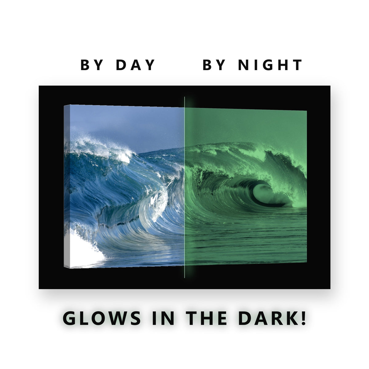 Teal Wave Hollow Barrel Glow in the Dark Canvas Wall Art for Man Cave, glowing at night
