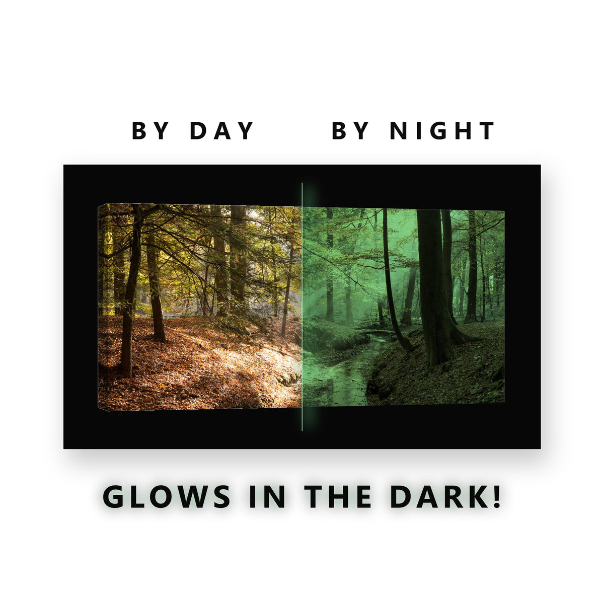 Golden Forest Stream Footbridge Glow in the Dark Canvas Wall Art for Living Room, glowing at night
