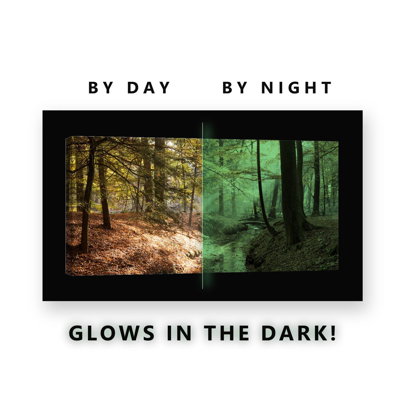 Golden Forest Stream Footbridge Glow in the Dark Canvas Wall Art for Living Room, glowing at night