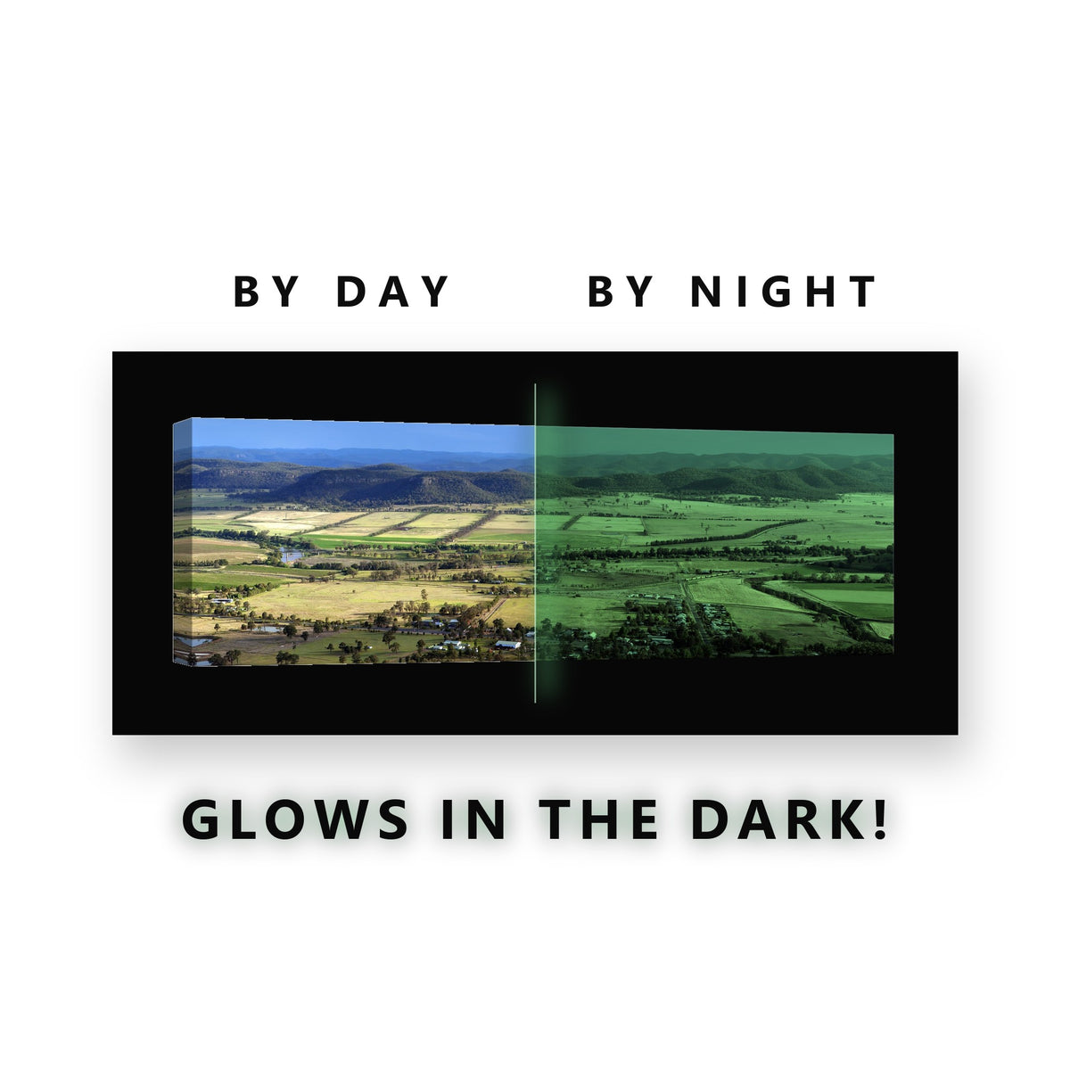Panoramic Farmland Valley Town Glow in the Dark Canvas Wall Art for Living Room, glowing at night