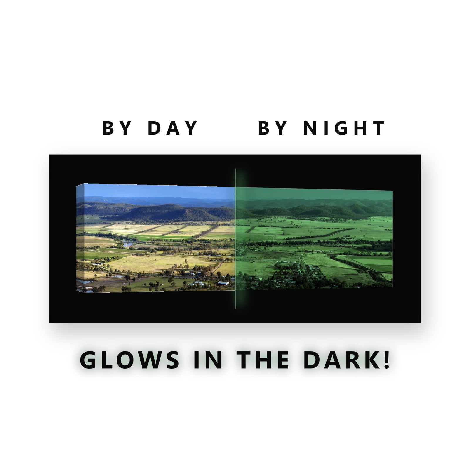 Panoramic Farmland Valley Town Glow in the Dark Canvas Wall Art for Living Room, glowing at night