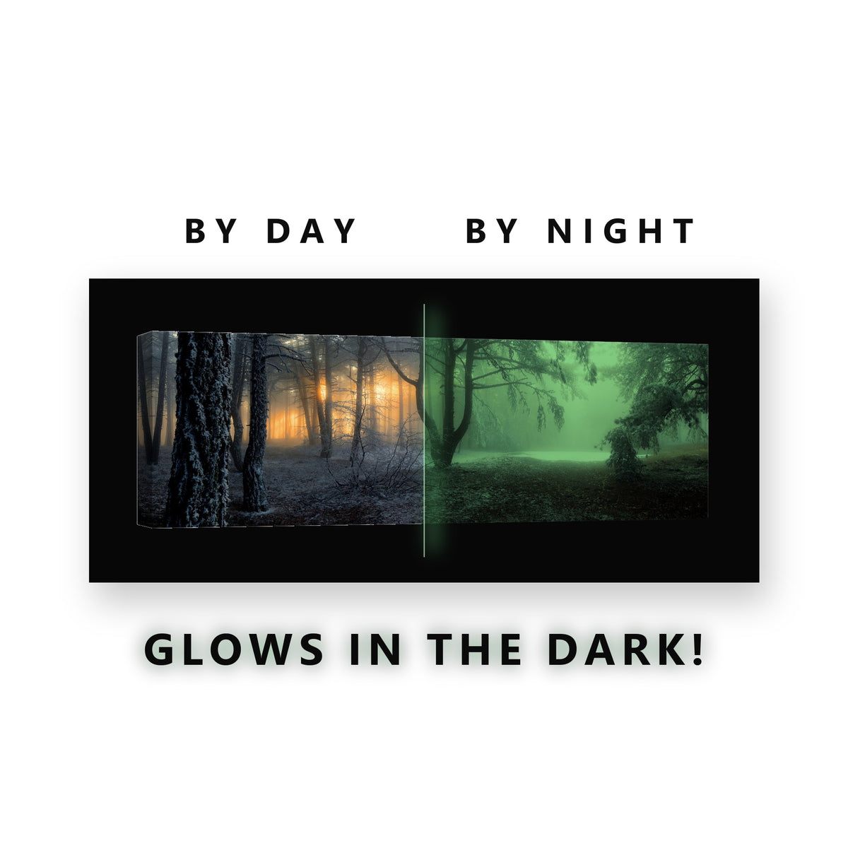 Frosty Pine Forest Sunrise Glow in the Dark Canvas Wall Art for Living Room, glowing at night