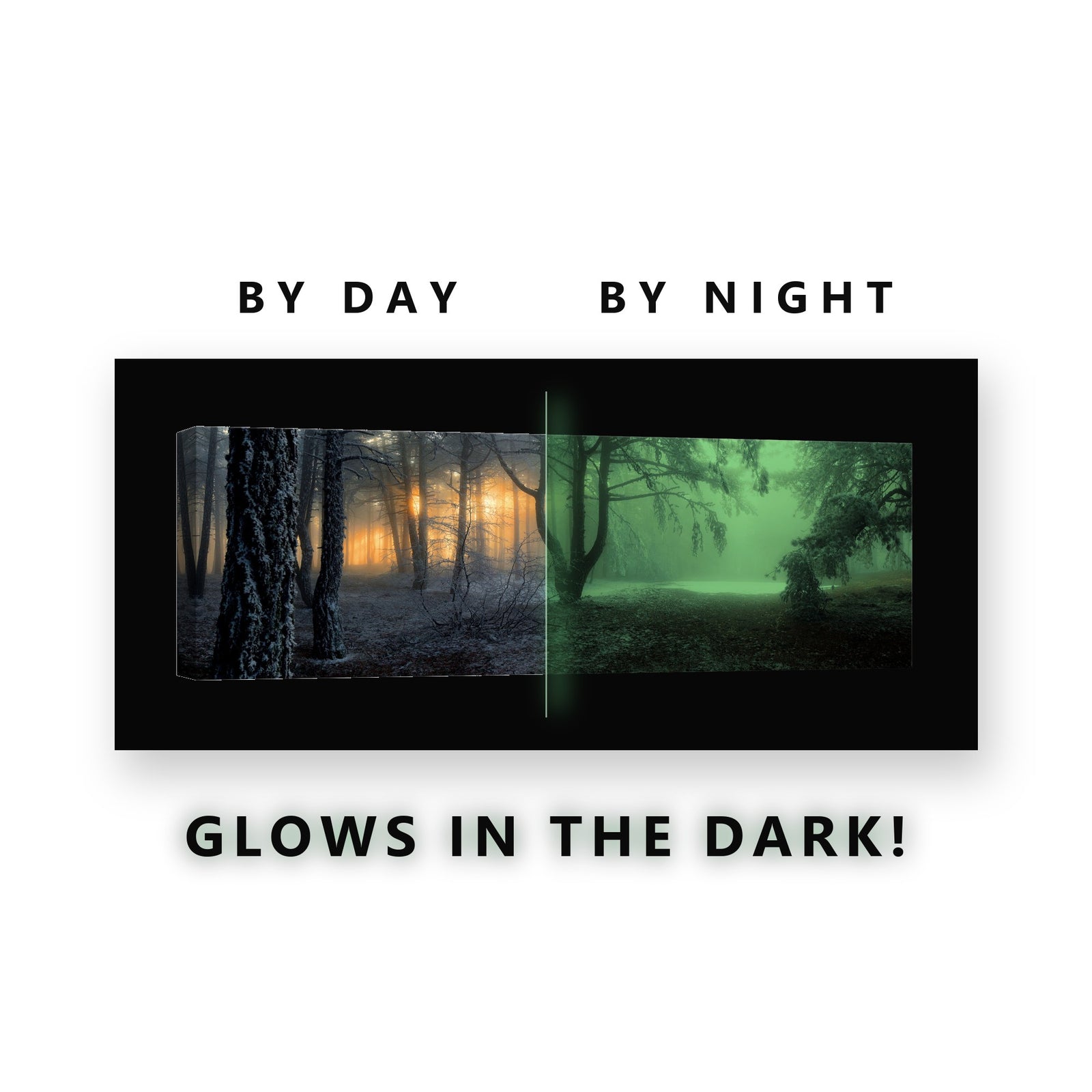 Frosty Pine Forest Sunrise Glow in the Dark Canvas Wall Art for Living Room, glowing at night