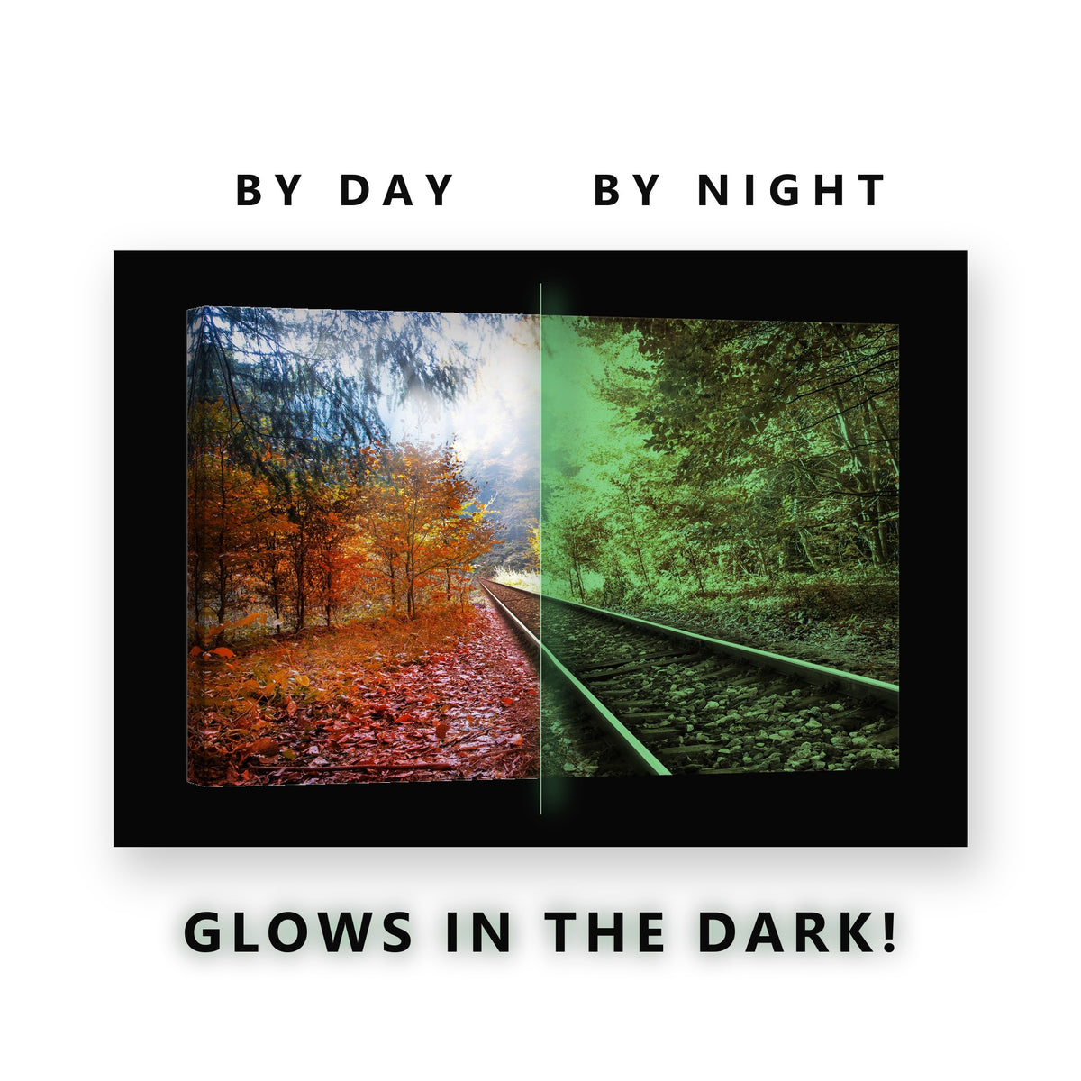 Autumn Railway Tracks Forest Glow in the Dark Canvas Wall Art for Living Room, glowing at night