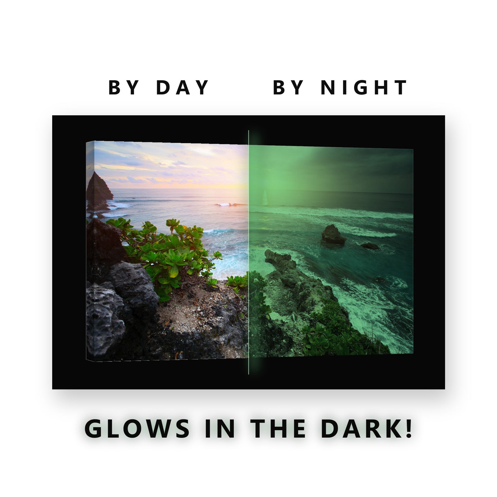 Tropical Sunset Rocky Coast Glow in the Dark Canvas Wall Art for Living Room, glowing at night