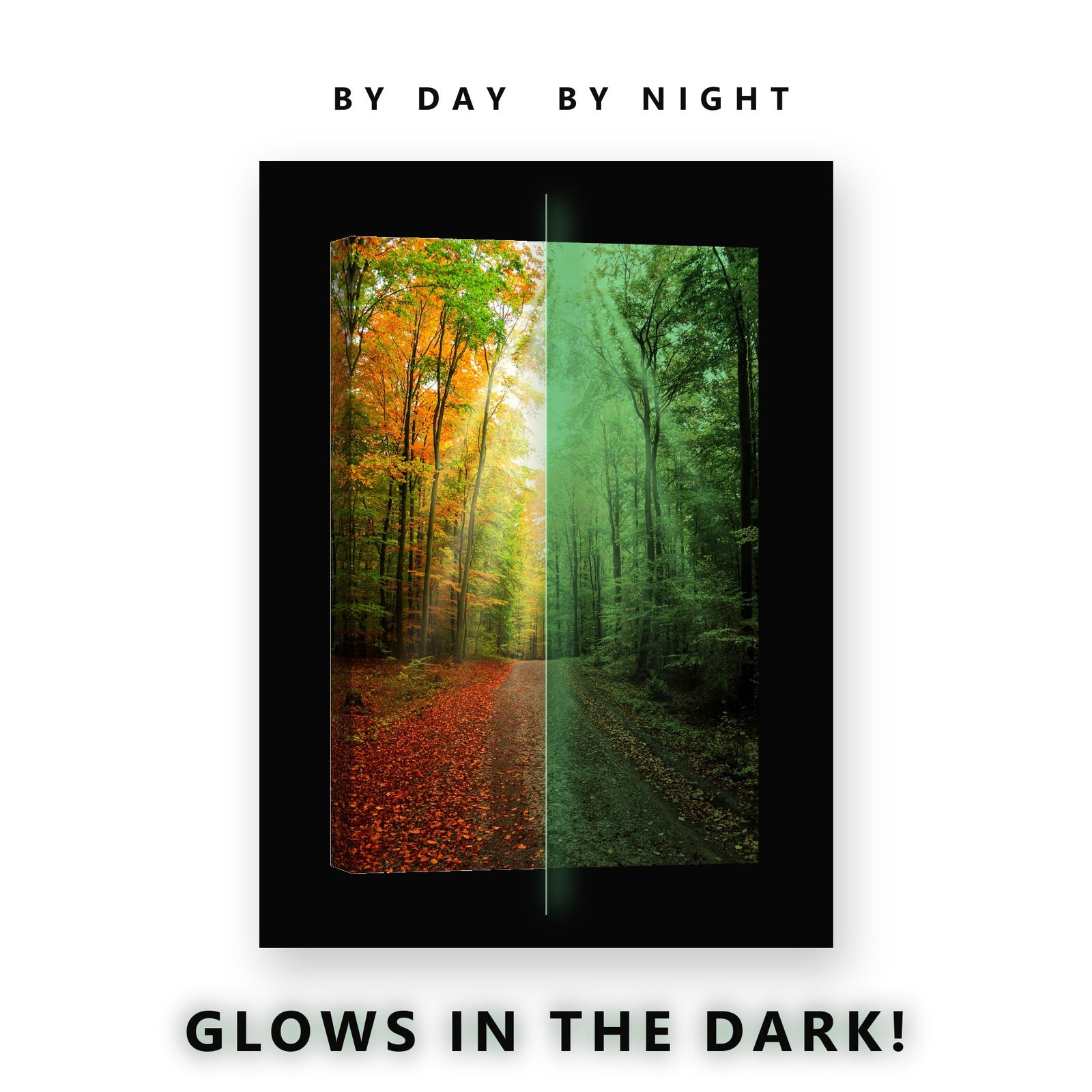 Bright Rays Autumn Forest Path Glow in the Dark Canvas Wall Art for Living Room, glowing at night