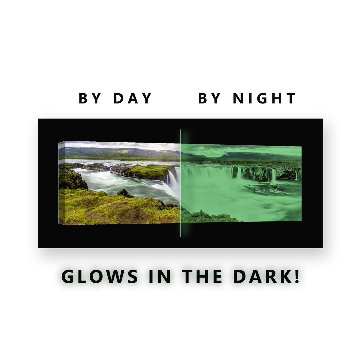 Wide Waterfall Valley River Glow in the Dark Canvas Wall Art for Living Room, glowing at night