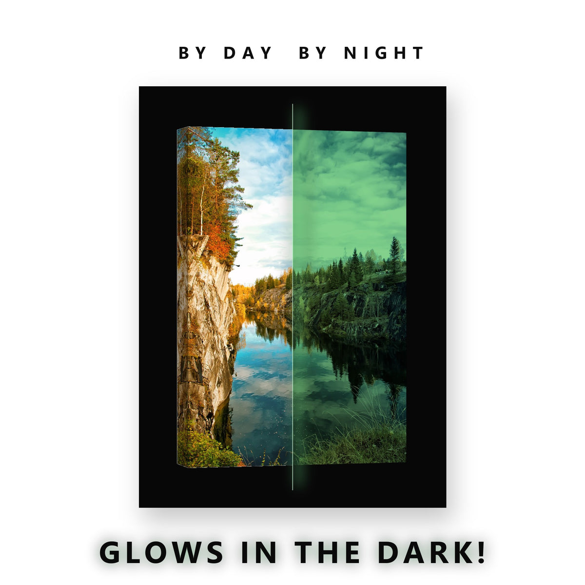 Autumn Cliff Lake Reflection Glow in the Dark Canvas Wall Art for Living Room, glowing at night