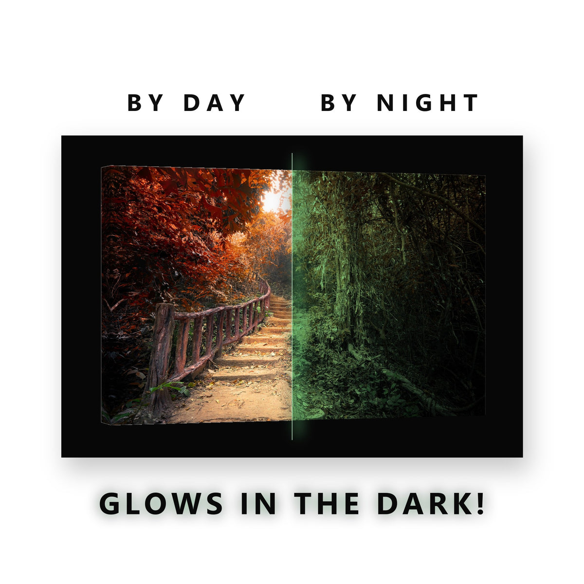 Wooden Staircase Autumn Forest Glow in the Dark Canvas Wall Art for Living Room, glowing at night