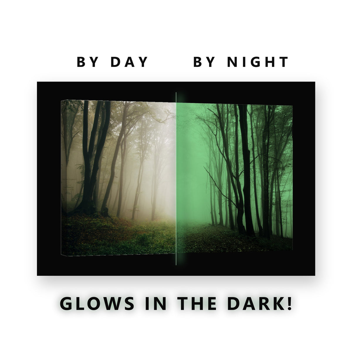 Misty Forest Path Glowing Fog Glow in the Dark Canvas Wall Art for Living Room, glowing at night