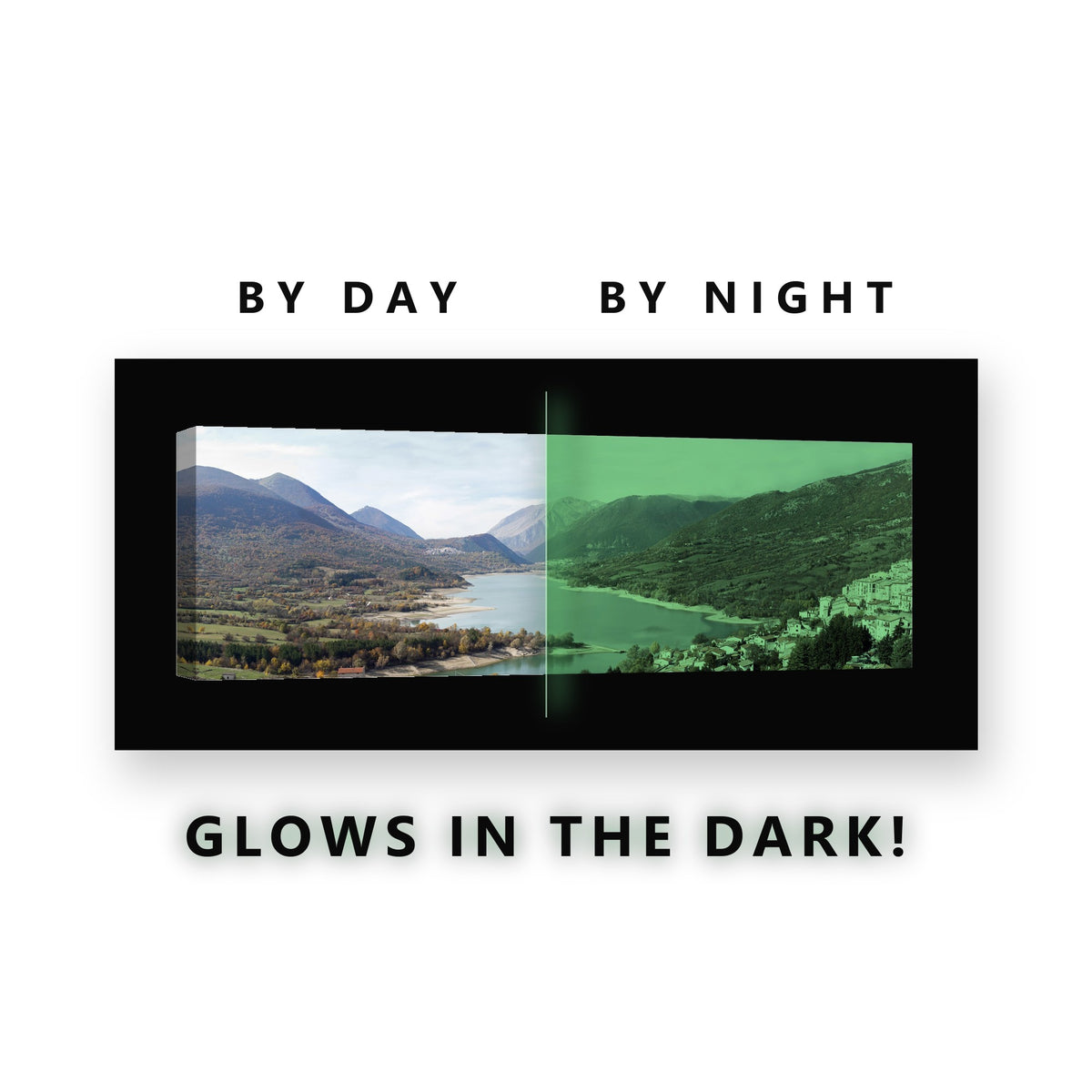 Mountain Valley Turquoise Lake Glow in the Dark Canvas Wall Art for Living Room, glowing at night