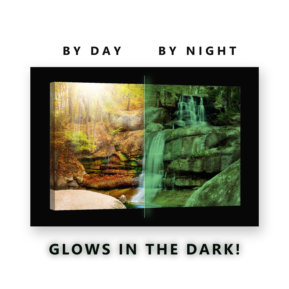 Sunlit Golden Waterfall Rocks Glow in the Dark Canvas Wall Art for Living Room, glowing at night