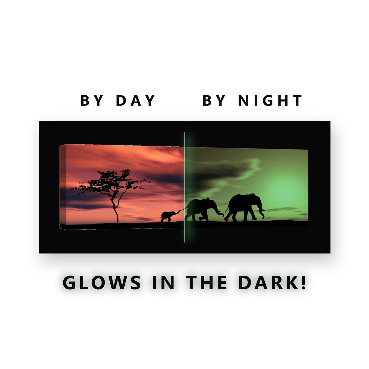 Elephant Family Sunset Glow in the Dark Canvas Wall Art for Boys Bedroom, glowing at night