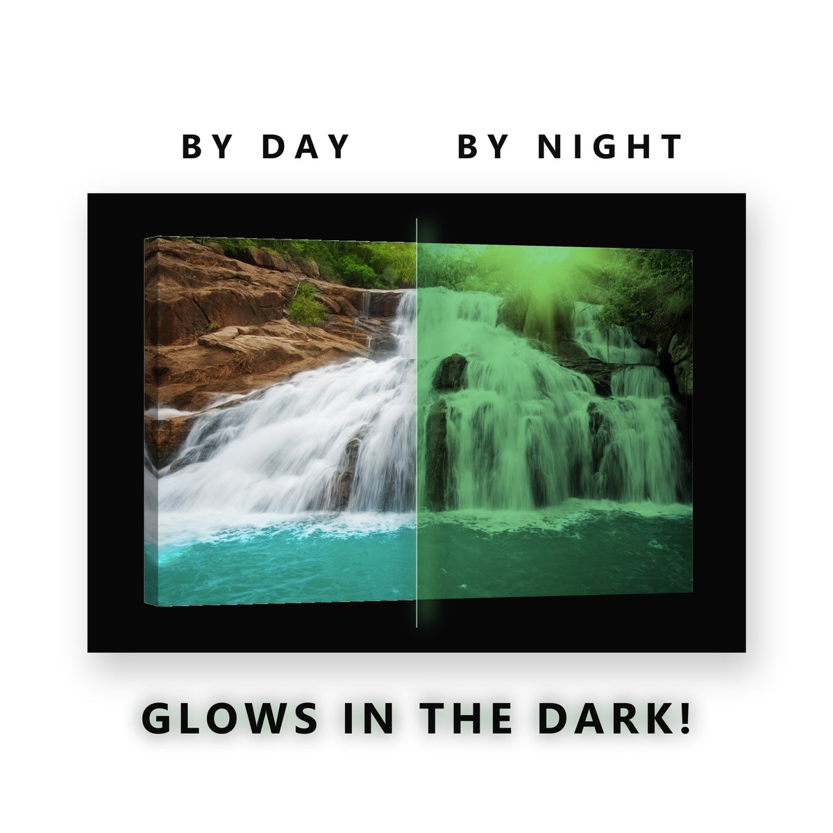 Wide Waterfall Turquoise Pool Glow in the Dark Canvas Wall Art for Living Room, glowing at night
