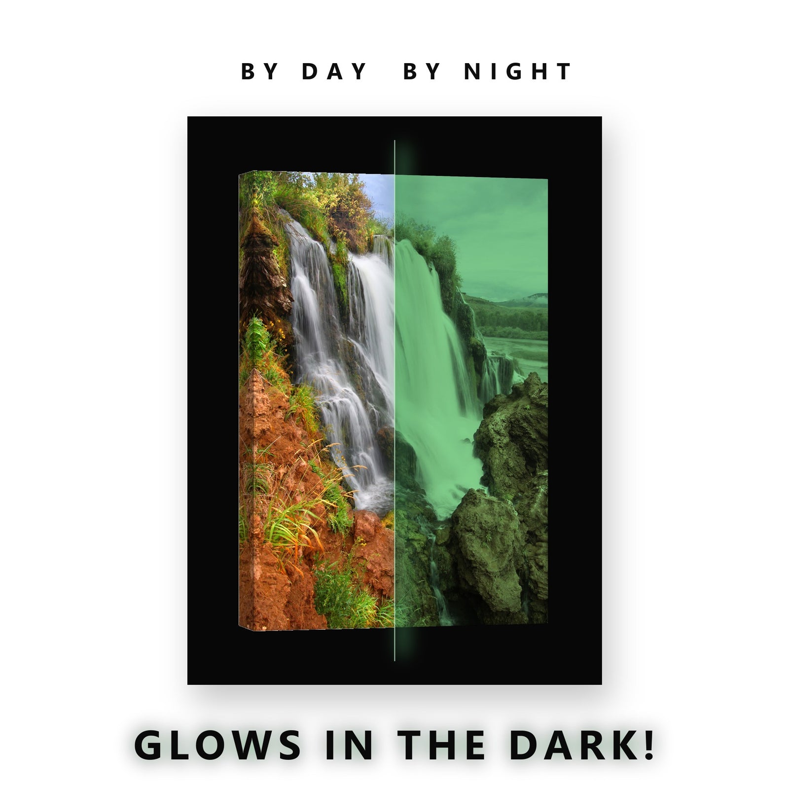 Red Rock Waterfall River Glow in the Dark Canvas Wall Art for Living Room, glowing at night