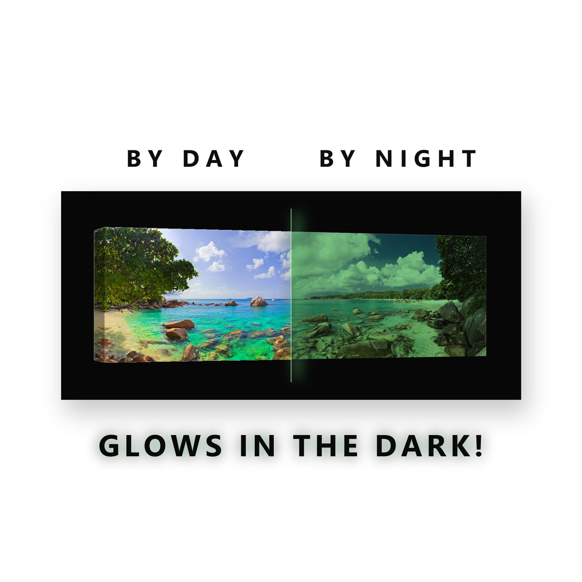 Tropical Cove Granite Boulders Glow in the Dark Canvas Wall Art for Living Room, glowing at night