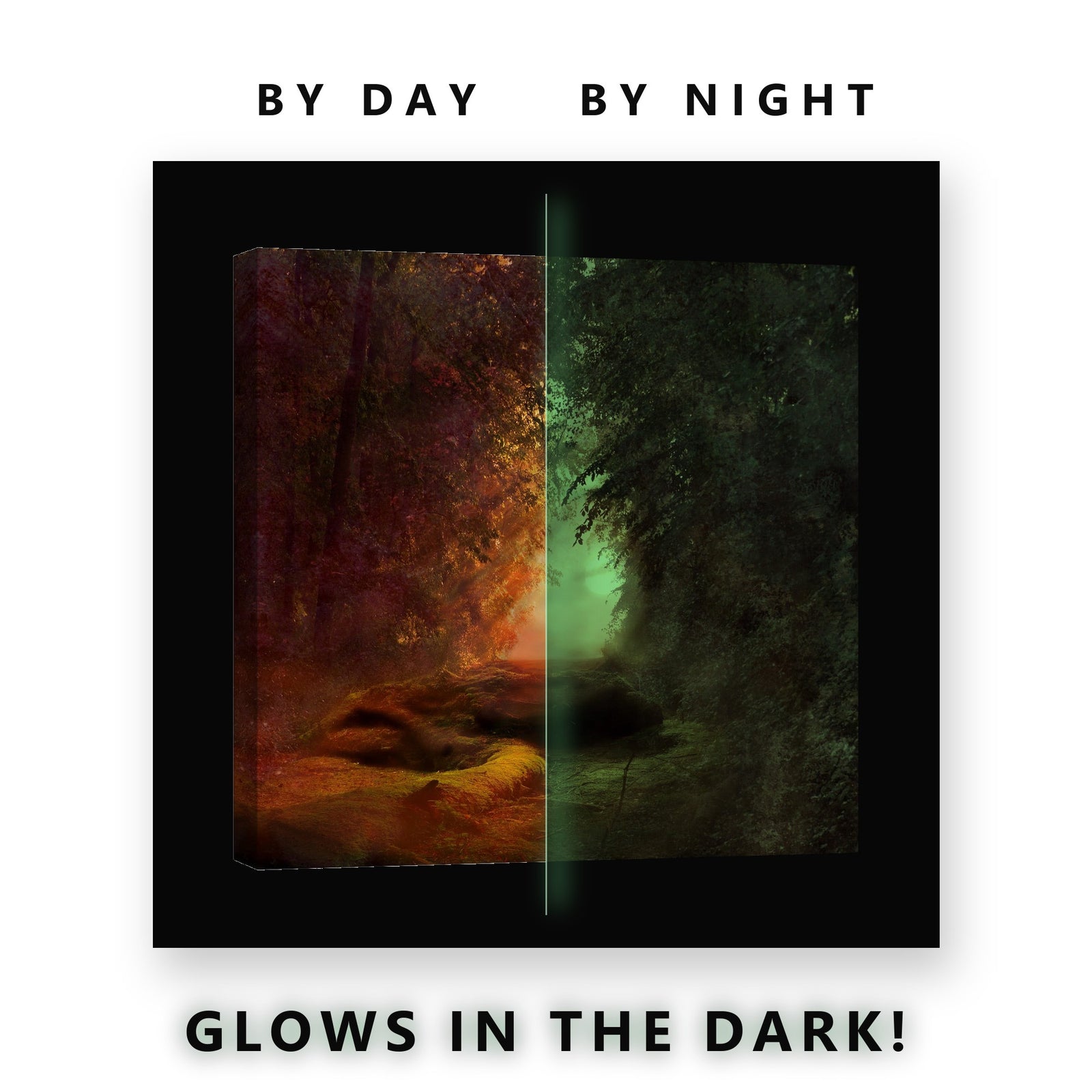 Green Jungle Waterfall Glow Glow in the Dark Canvas Wall Art for Living Room, glowing at night