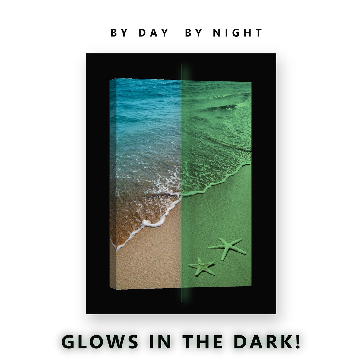 Golden Sunset Rocky Coastline Glow in the Dark Canvas Wall Art for Living Room, glowing at night