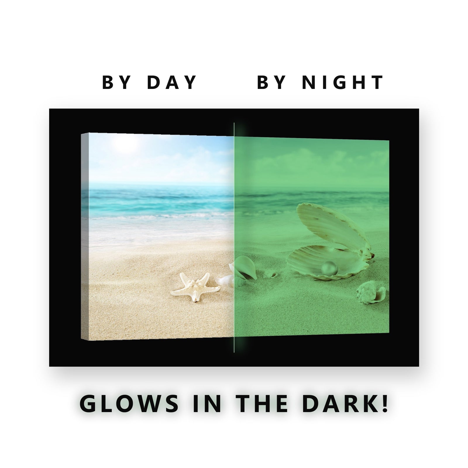 Pearl Oyster and Shells Beach Glow in the Dark Canvas Wall Art for Bathroom, glowing at night