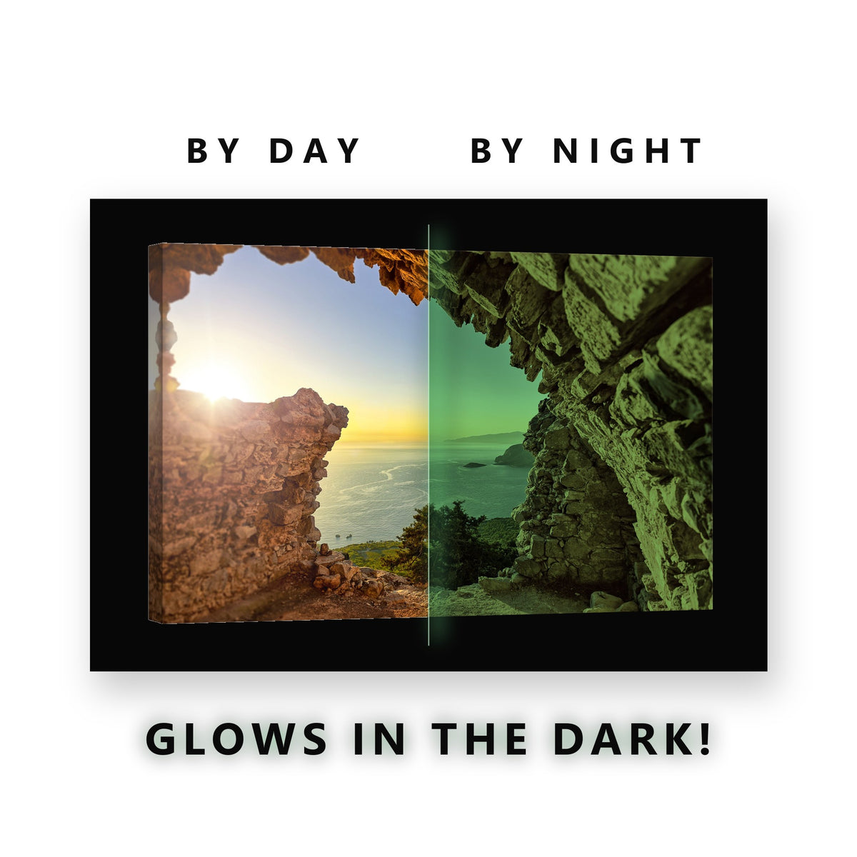 Tower Window Coastal Sunset Glow in the Dark Canvas Wall Art for Living Room, glowing at night