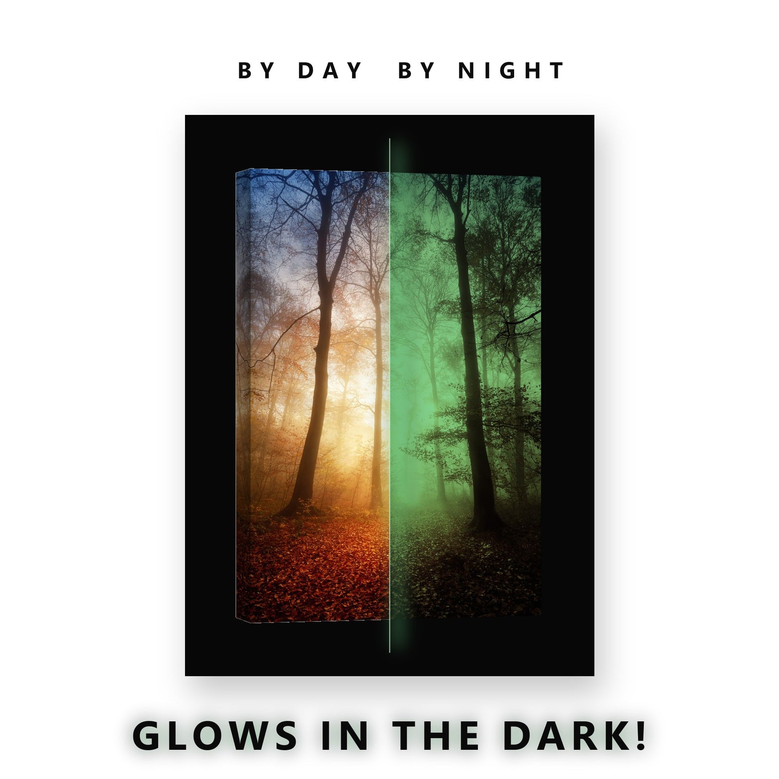 Warm Glow Misty Autumn Forest Glow in the Dark Canvas Wall Art for Living Room, glowing at night