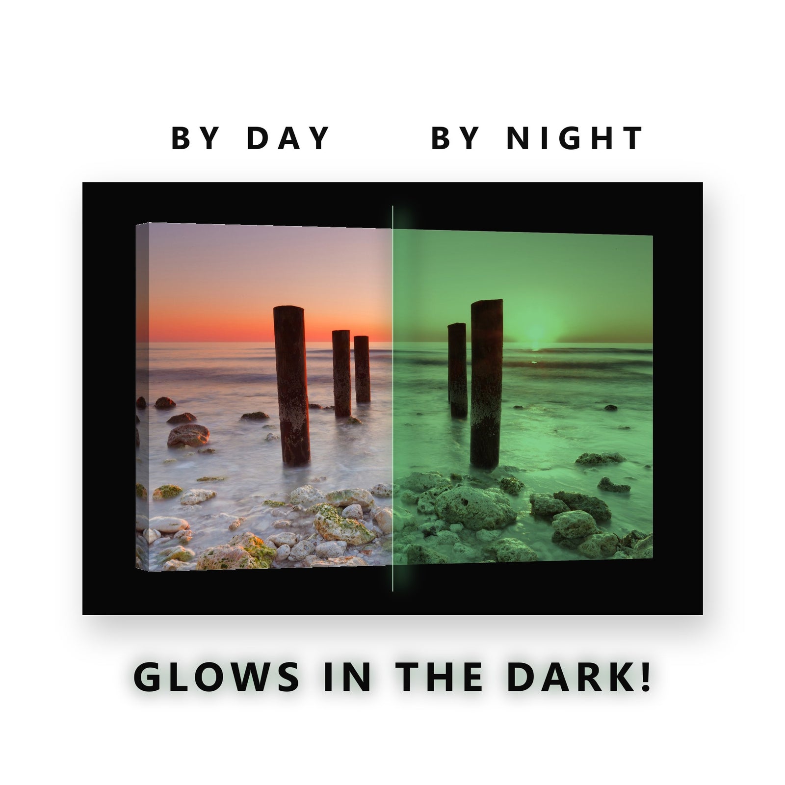 Wooden Posts Ocean Sunset Glow in the Dark Canvas Wall Art for Living Room, glowing at night