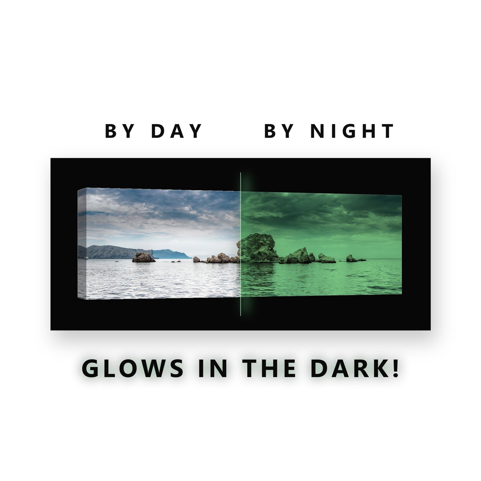 Glowing Sea Rock Formation Glow in the Dark Canvas Wall Art for Living Room, glowing at night