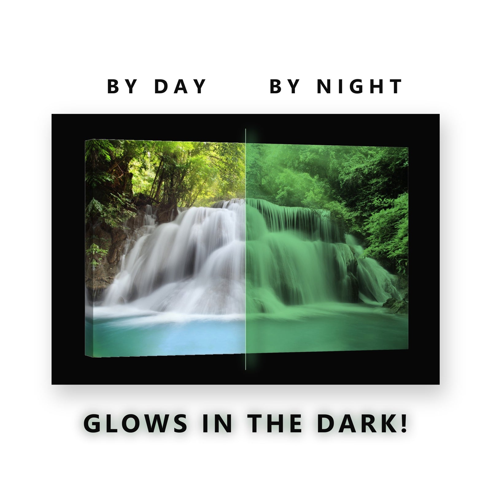 Glowing Jungle Waterfall Grotto Glow in the Dark Canvas Wall Art for Living Room, glowing at night