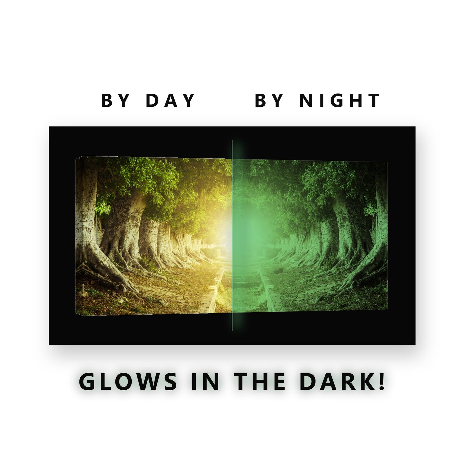 Symmetrical Tree Tunnel Glow in the Dark Canvas Wall Art for Boys Bedroom, glowing at night