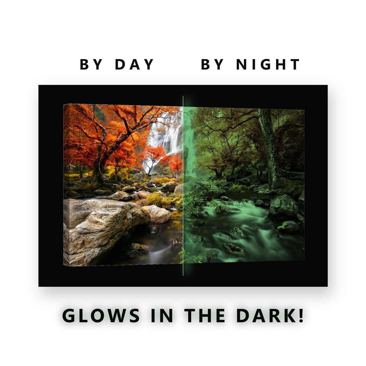Waterfall Red Maple Trees Glow in the Dark Canvas Wall Art for Living Room, glowing at night