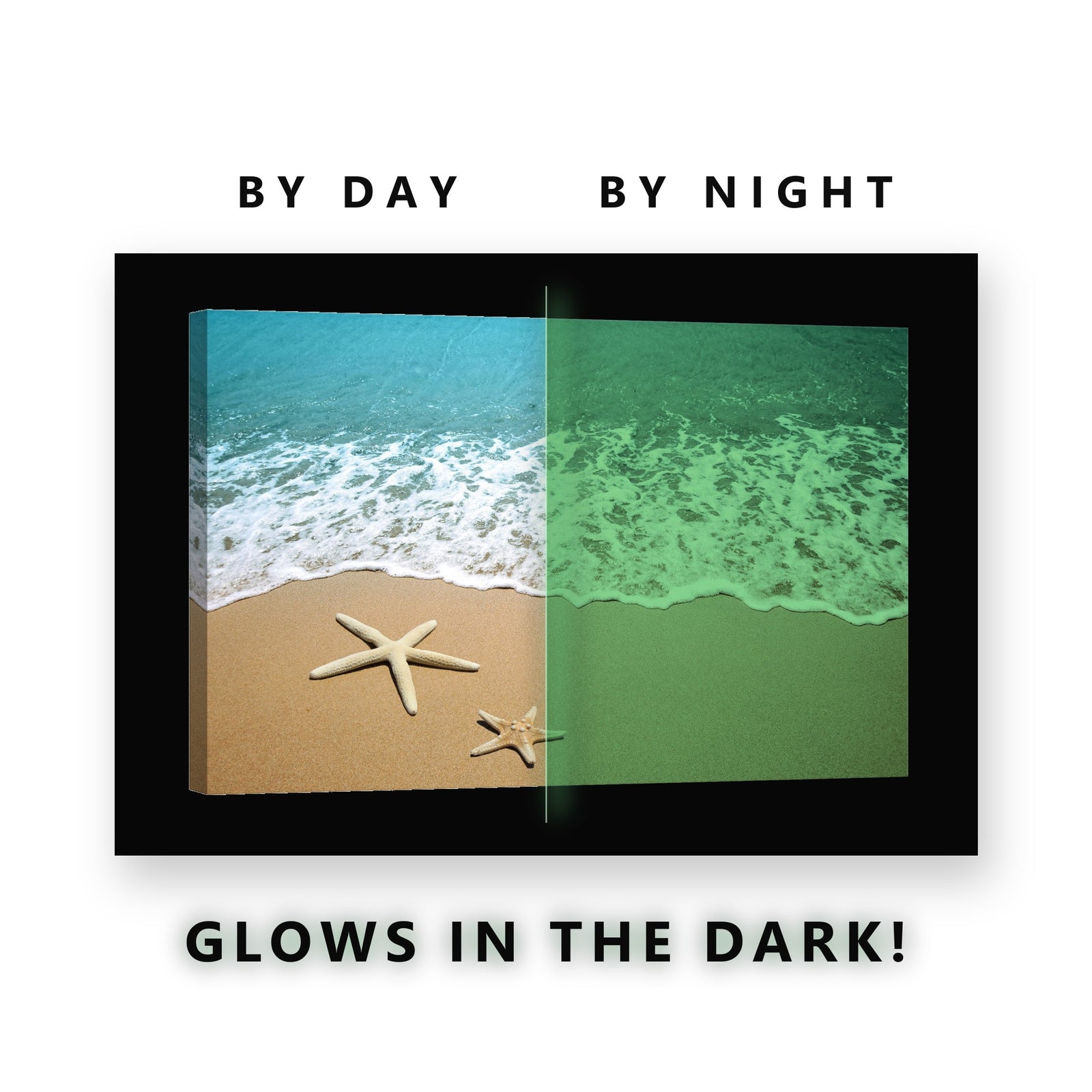 Glowing Starfish Turquoise Shore Glow in the Dark Canvas Wall Art for Bedroom, glowing at night