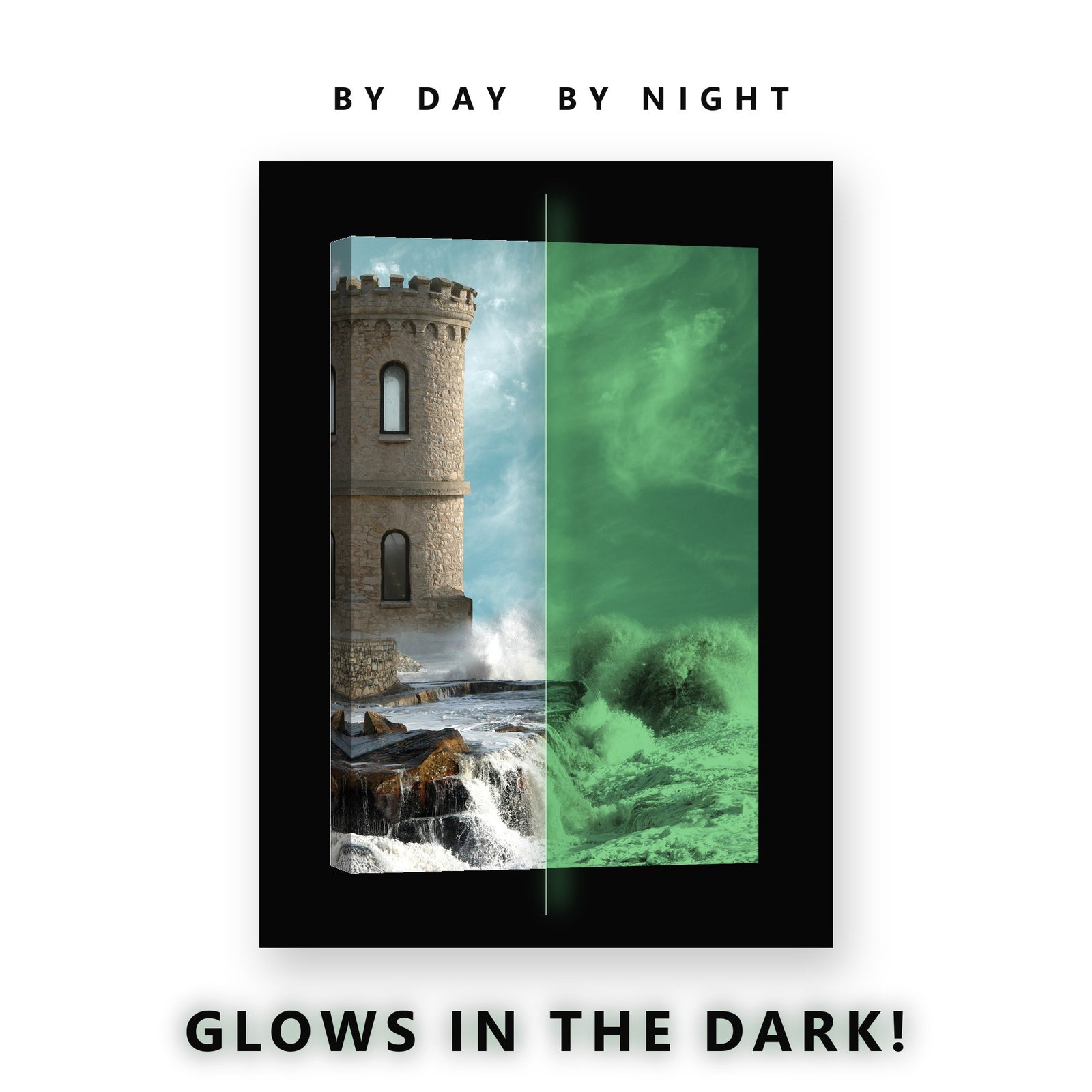 Glowing Castle Tower Waves Glow in the Dark Canvas Wall Art for Boys Bedroom, glowing at night