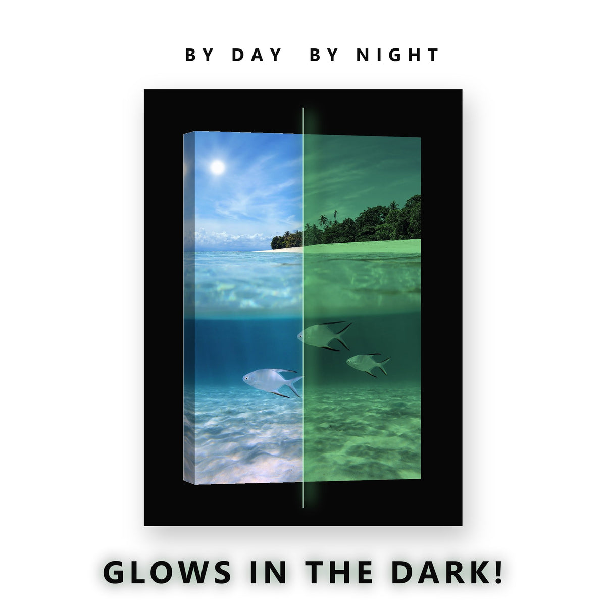 Glowing Island Beach Fish View Glow in the Dark Canvas Wall Art for Bedroom, glowing at night