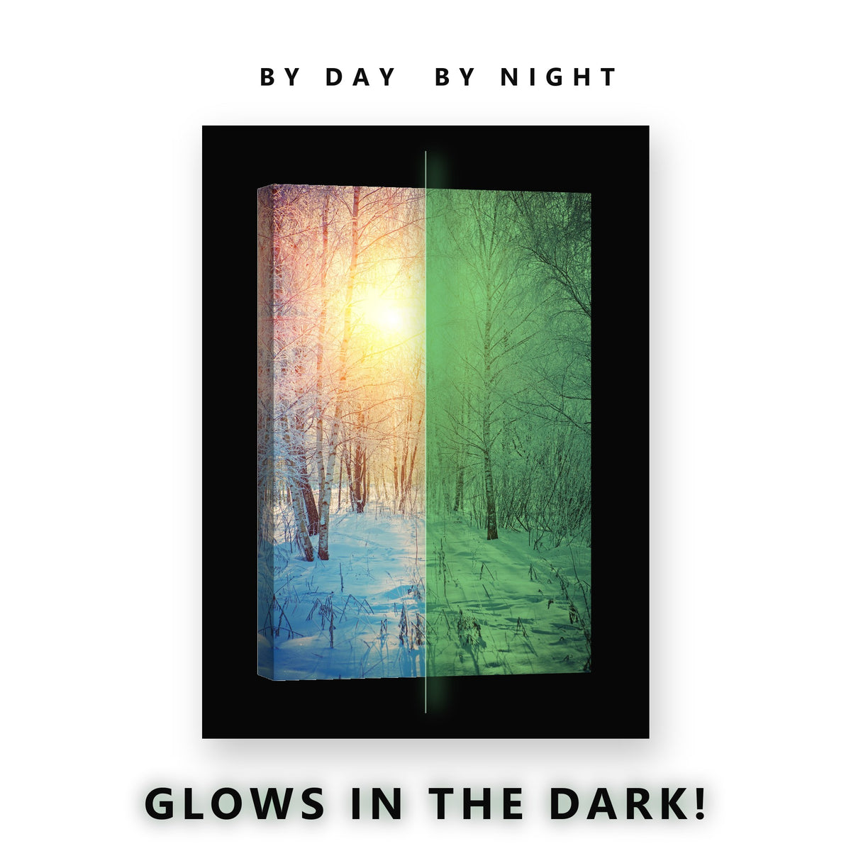 Glowing Frosty Birch Forest Glow in the Dark Canvas Wall Art for Living Room, glowing at night