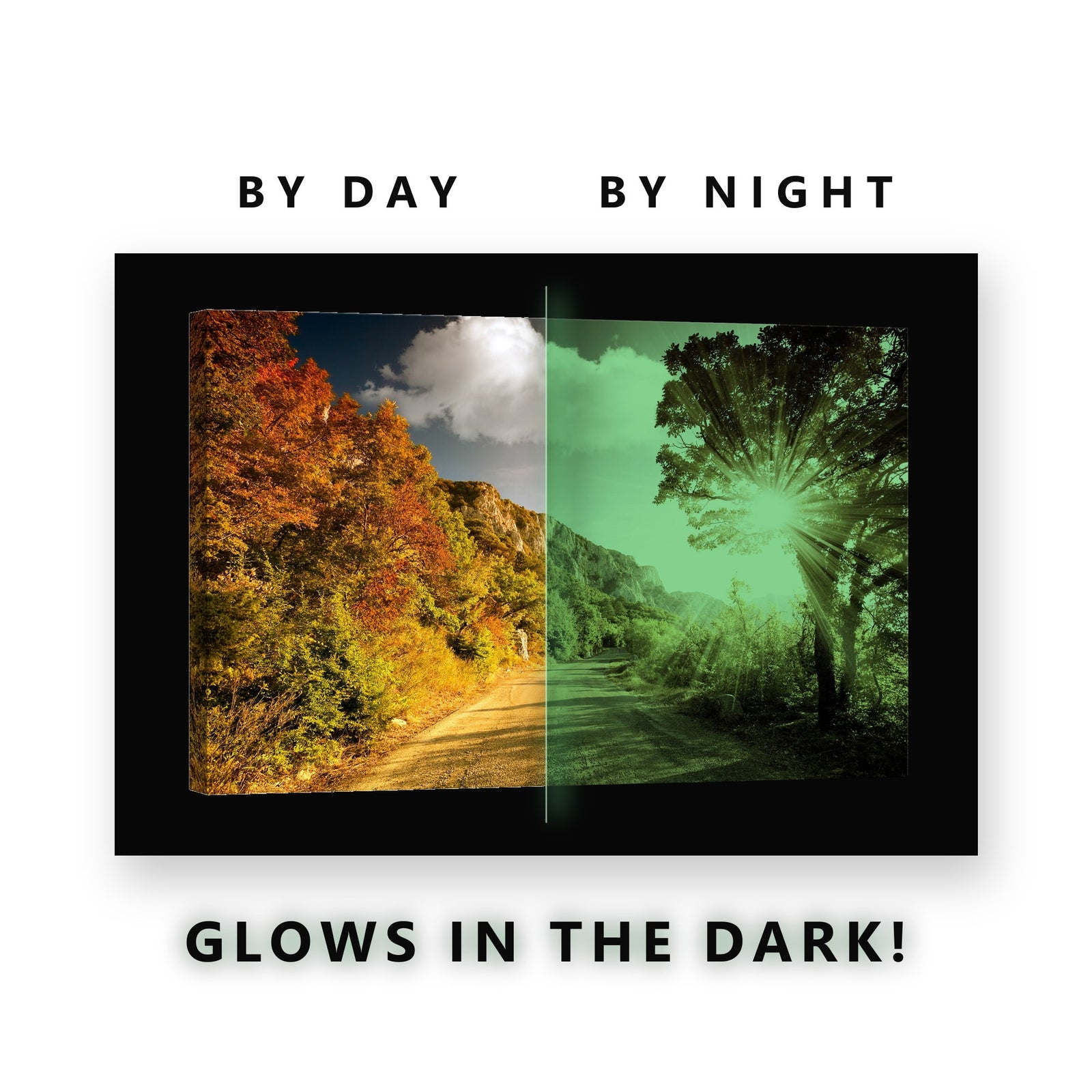 Glowing Autumn Mountain Road Glow in the Dark Canvas Wall Art for Living Room, glowing at night