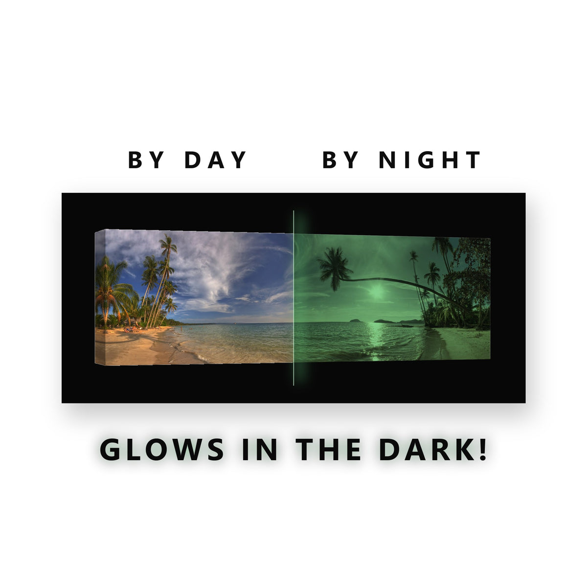 Glowing Tropical Beach Panorama Glow in the Dark Canvas Wall Art for Bedroom, glowing at night