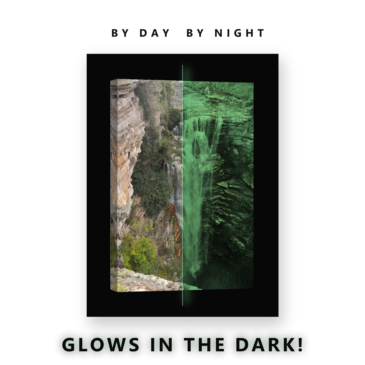 Glowing Layered Rock Waterfall Glow in the Dark Canvas Wall Art for Living Room, glowing at night