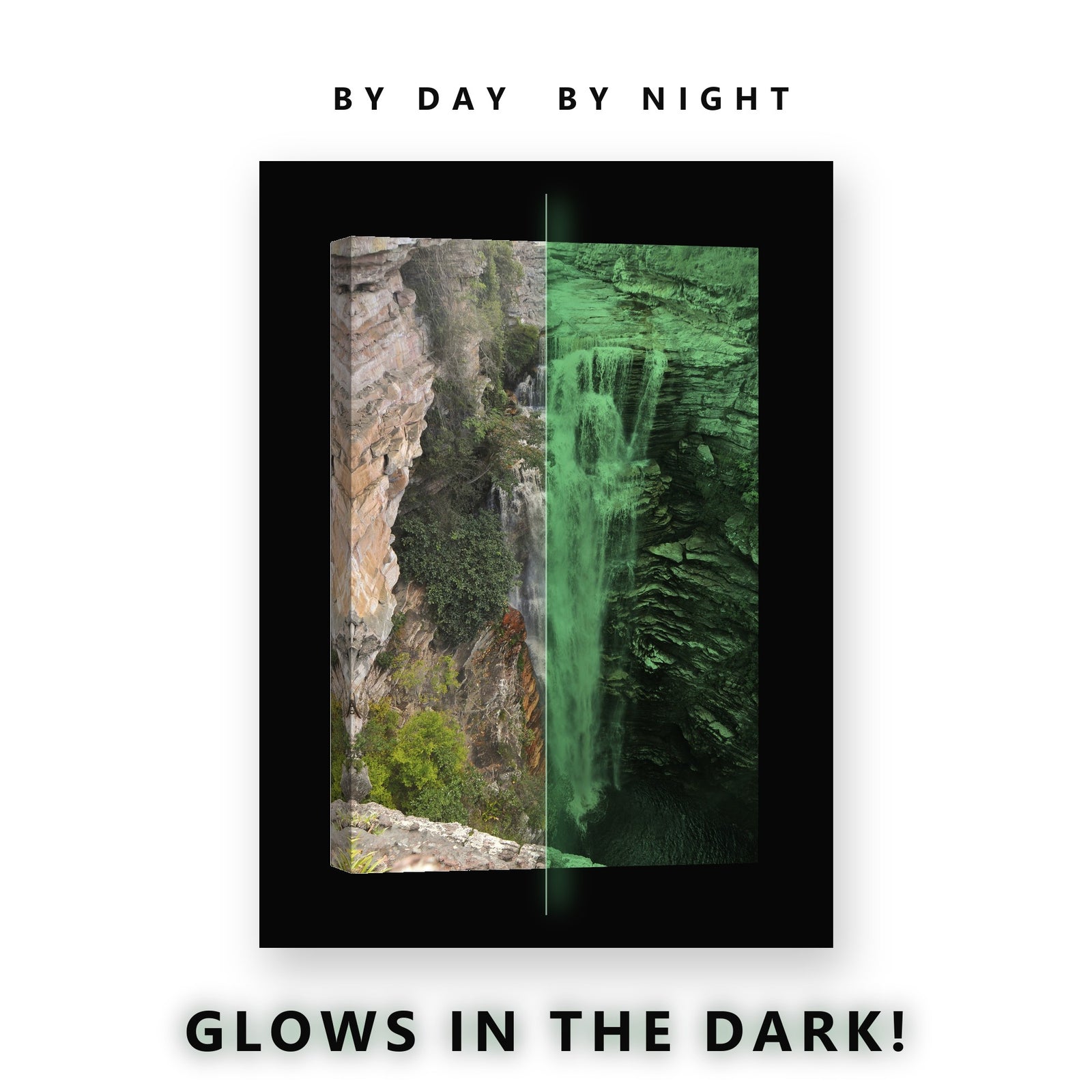 Glowing Layered Rock Waterfall Glow in the Dark Canvas Wall Art for Living Room, glowing at night