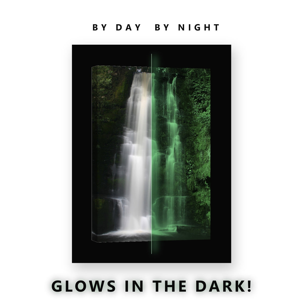Glowing Mossy Rock Waterfall Glow in the Dark Canvas Wall Art for Living Room, glowing at night