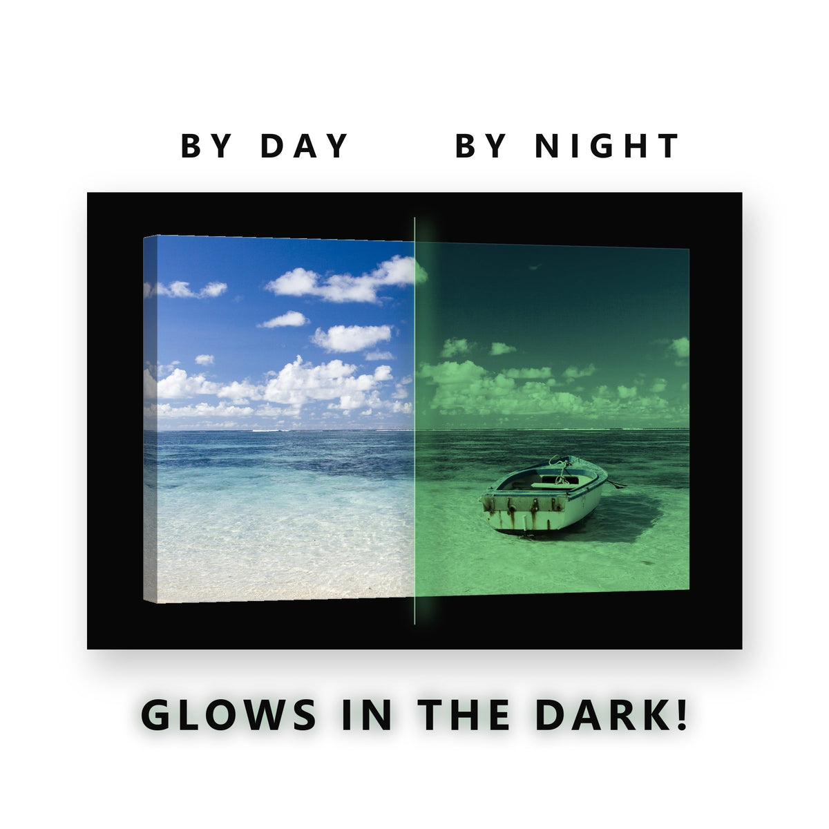 Glowing Boat Turquoise Water Glow in the Dark Canvas Wall Art for Bedroom, glowing at night